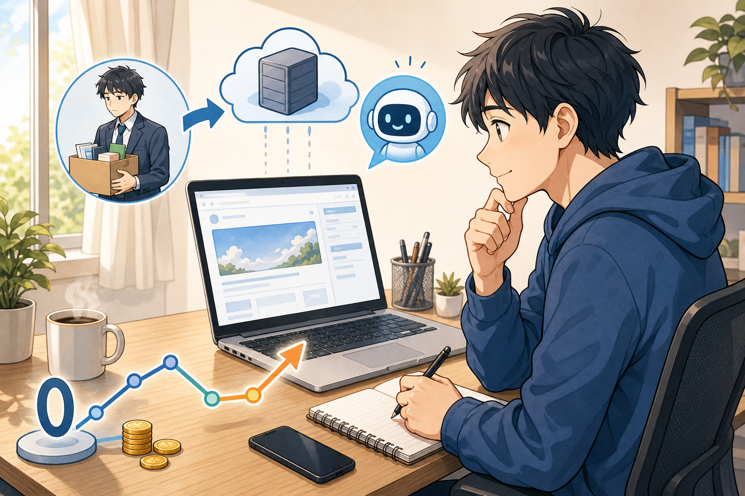 初心者がChatGPTと相談しながらアフィリエイトブログを始める漫画風イラスト